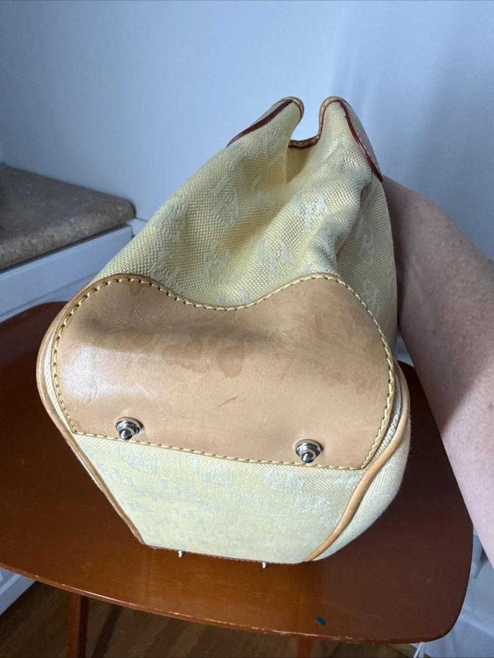 Dooney & Bourke Yellow/Cream DB Small Double Handle Tote Very Nice Leather Purse